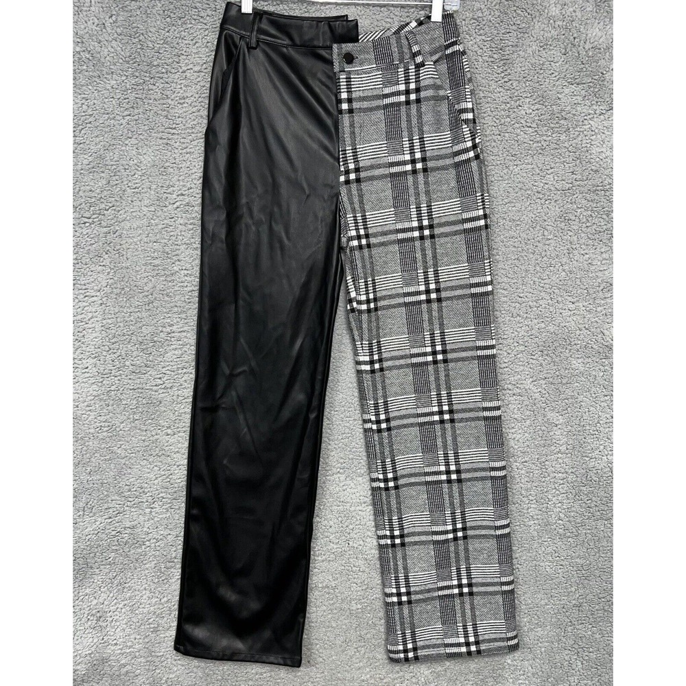 Rehab Lab Pants Women's Size M 1/2 Black Faux Leather - 1/2 Black & White Plaid‎